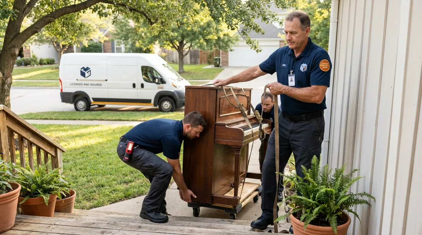 Licensed piano movers securing grand piano in Prineville, OR
