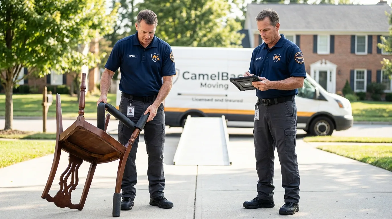 Movers inspecting furniture for damage prevention before loading in Prineville, OR
