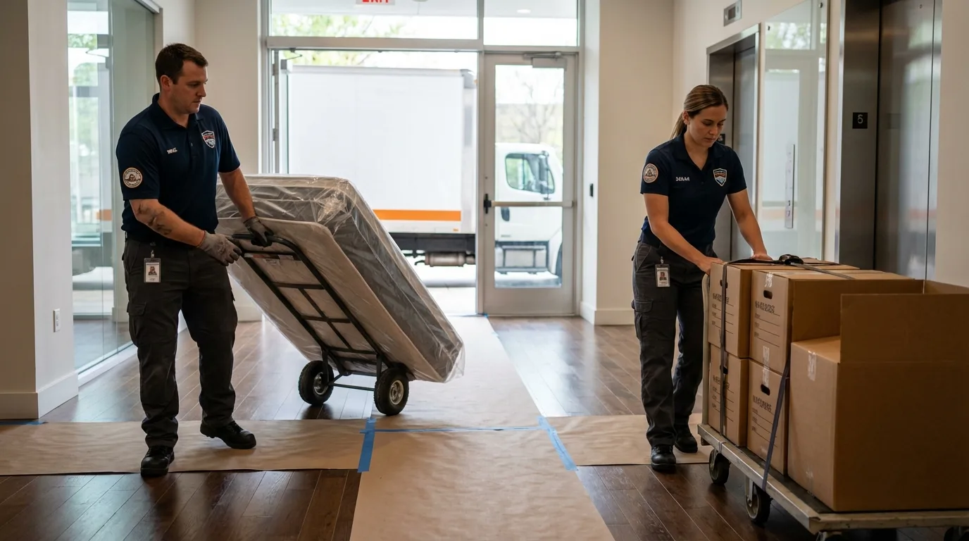Professional apartment movers loading elevator in Prineville, OR