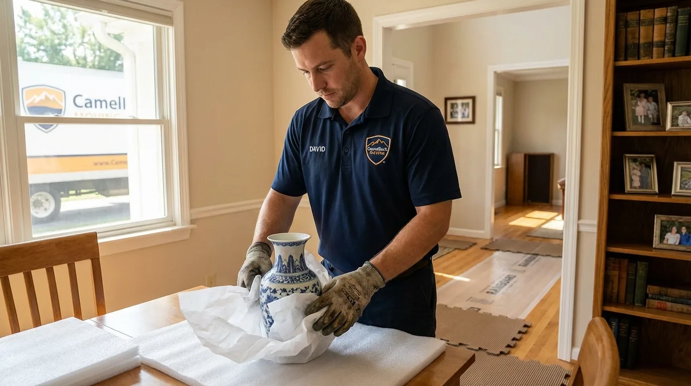 Professional crew carefully wrapping antique vase for senior downsizing move in Prineville, OR